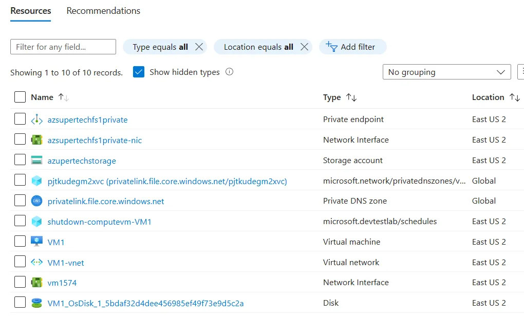 Resource Group view of PrivateLink and vNET resources